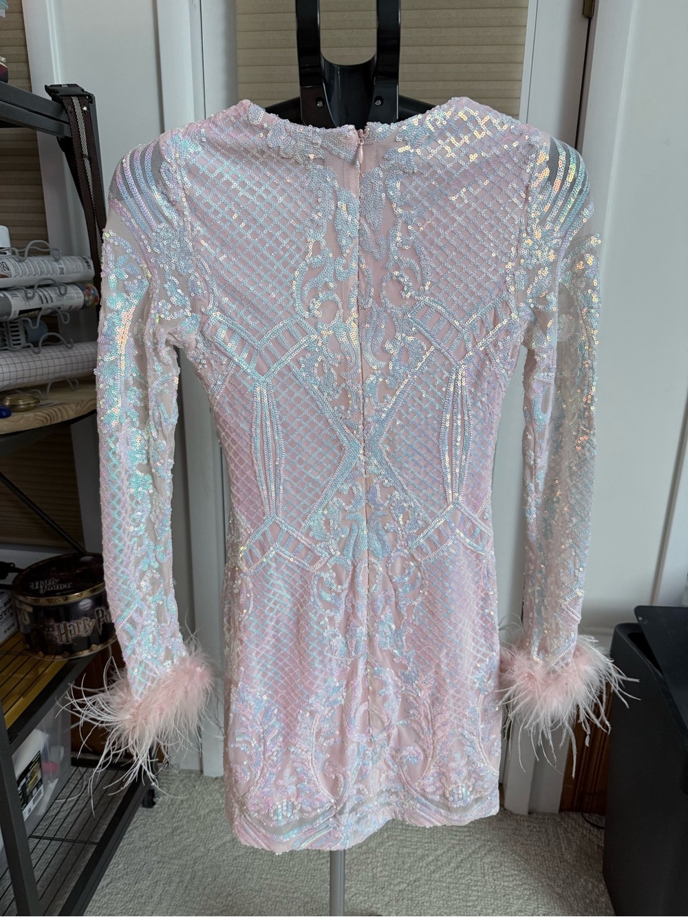 Blondie Nites Iridescent Pink Sequin Mini Dress sz 7 sheer feather cuff sleeves - Picture 10 of 16